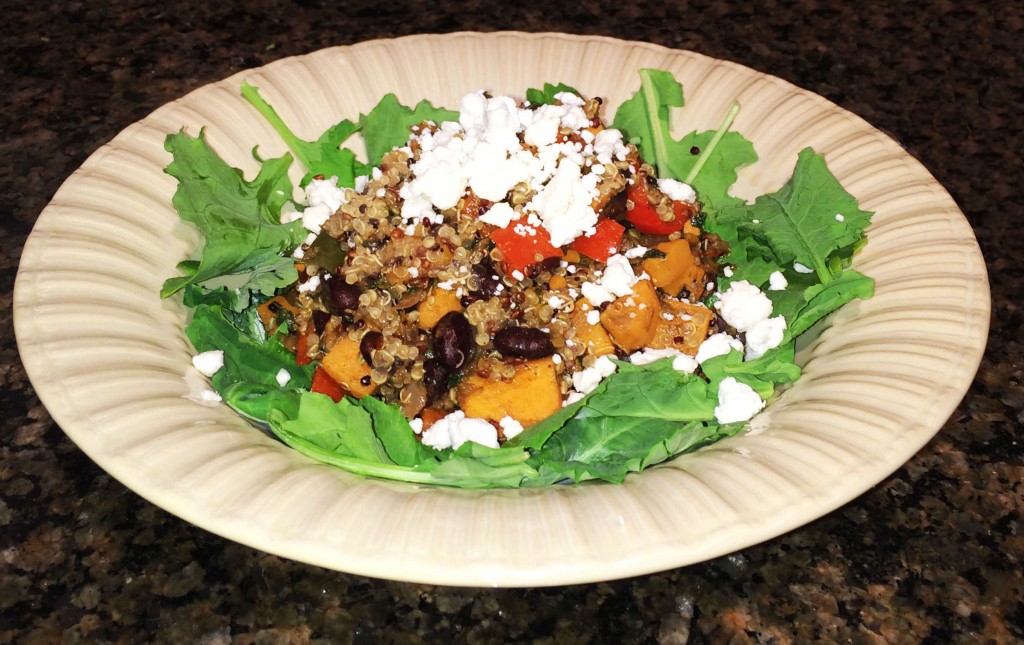 Roasted Sweet potato black bean Quinoa chili over Kale