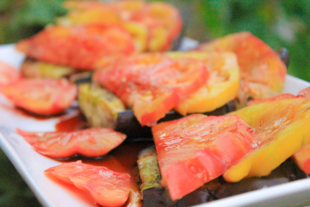 Basil Roasted Eggplant with Balsamic Drizzled Heirlooms Recipe