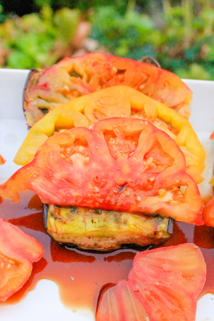Basil Roasted Eggplant with Balsamic Drizzled Heirlooms Recipe