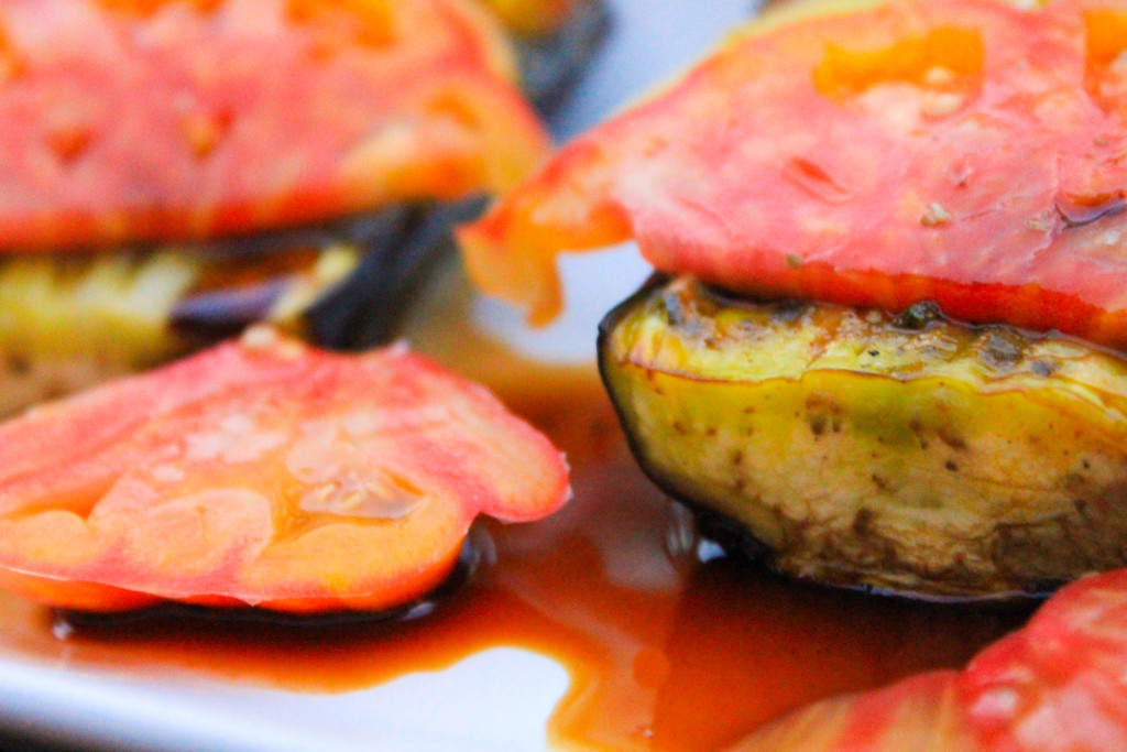 Basil Roasted Eggplant with Balsamic Drizzled Heirlooms Recipe