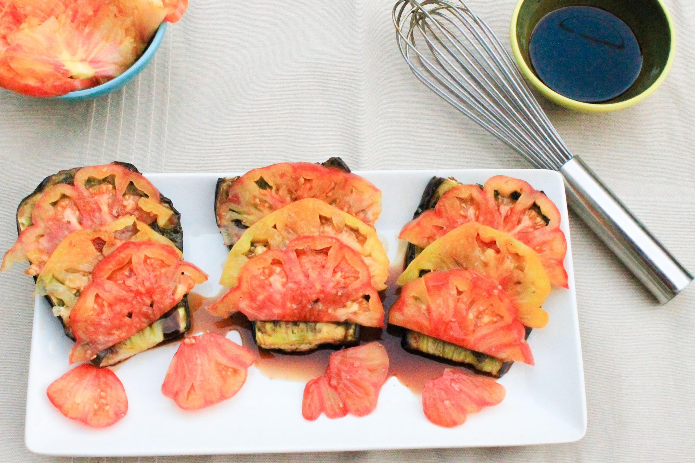 Basil Roasted Eggplant with Balsamic Drizzled Heirlooms
