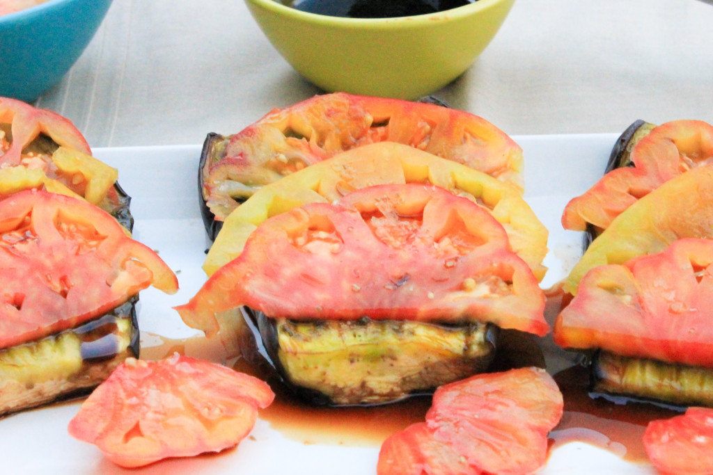 Basil Roasted Eggplant with Balsamic Drizzled Heirlooms